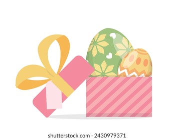 Huevos de Pascua dentro de la caja de regalo, hermosa cinta y huevos pintados, ilustración vectorial