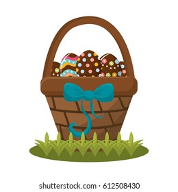 easter eggs inside of hamber with ribbon bow