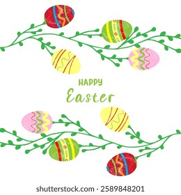 Easter eggs Intricate designs arranged alongside green foliage Joyful greeting celebrating Bright colors Isolated background Festive atmosphere captures the essence of spring Text Happy Easter