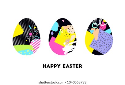 	
Easter eggs isolated. Holiday banner. Set collection. Memphis pattern. Retro, vintage 80s, 90s style. Vector hand drawn artwork. Pink, purple, beige, yellow, blue, violet, black, white colors.