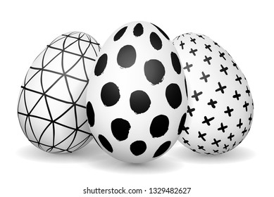 Easter eggs isolated on white. Hand drawn black and white ink pattern