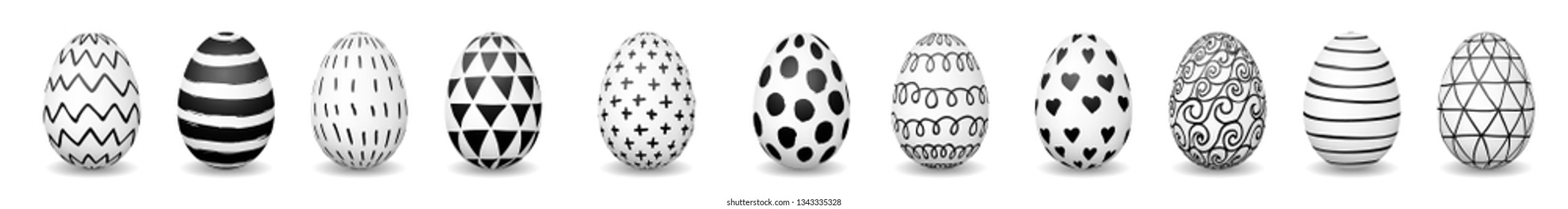 Easter eggs isolated on white. Hand drawn black and white ink pattern