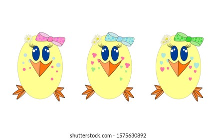  Easter eggs isolated on white background. Cartoon Easter egg shaped funny chickens set. Yellow egg shape with cute chicken face. Spring christian holiday greeting card. Stock vector illustration.