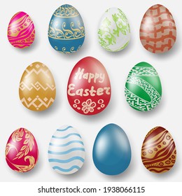 Easter eggs isolated on a white background. Realistic set of painted eggs. Vector illustration.