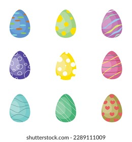 Huevos de Pascua aislados en un fondo blanco. Un conjunto de huevos pintados con diferentes motivos. Ilustración vectorial para Pascua. Iconos de huevo para el diseño de postales, sitios web y redes sociales. 10 EPS
