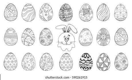 Easter eggs isolated on white background. Hand draw an Easter symbol. Cute cartoon rabbit among easter eggs. Vector illustration of a sketch style.