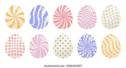 Easter eggs isolated set, groovy grunge y2k illustrations with trendy psychedelic swirls, stars, waves, geometrical shapes, retro twisted and distorted effect
