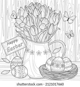 
Easter eggs. Jug with tulips and butterflies.Coloring book antistress for children and adults. Illustration isolated on white background. Zen-tangle style. Hand draw