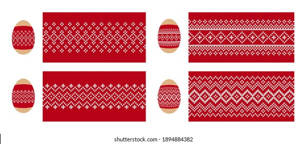 Easter eggs with knit print. Seamless knitted pattern. Set red sweater textures. Geometric background. Holiday fair isle traditional ornament. Vector illustration.