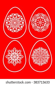 Easter eggs with lace ornament, design set in white line drawing, red background, color easy editable