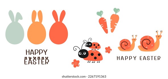 Easter eggs, lady bug, snail cartoons, carrot and hand written fonts isolated on white background vector illustration.