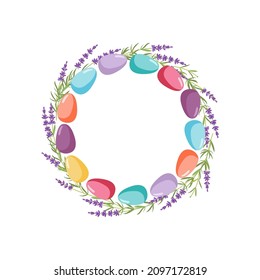 Huevos de Pascua y Wreath lavander. Marco con espacio de copia para fecha, foto, texto. Marco de forma de círculo de huevos de Pascua. Imprimir para decoración de vacaciones familiares, tarjeta de saludo, cartel, invitación, publicaciones en medios sociales