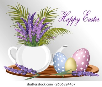 Easter eggs and lavender in illustration.Vector color illustration with Easter eggs and lavender in a jug on a wooden tray.