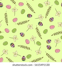 Easter eggs, leaves and flowers on. Hand draw seamless pattern. Texture for fabric, wrapping, wallpaper. Decorative print.