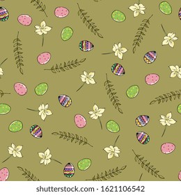 Easter eggs, leaves and flowers on. Hand draw seamless pattern. Texture for fabric, wrapping, wallpaper. Decorative print.