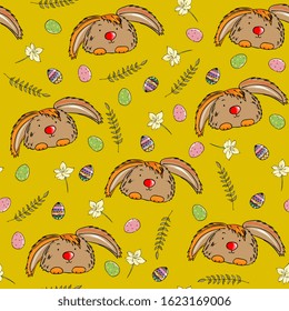 Easter eggs, leaves and flowers on. Hand draw seamless pattern. Texture for fabric, wrapping, wallpaper. Decorative print.