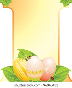 Easter eggs, leaves with ladybird and bee. Festive card. Vector