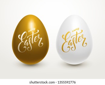 Easter eggs lettering poster. Two eggs, golden and white with handwritten  typography. Vector greeting card.