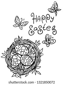 Easter eggs lie in the nest and butterfly on white background. Spring holiday card. Vector illustration. Perfect for greeting card, invitation, postcard, print.