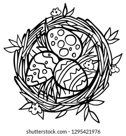 Easter eggs lie in the nest on white background. Spring holiday card. Vector illustration. Perfect for greeting card, invitation, postcard, print.
