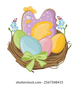 Easter eggs and lilac hen in a nest decorated with blue flowers and a bow. Easter gifts in flat lay style. Multicolored eggs in the form of gingerbread. Vector isolated drawing on a white background