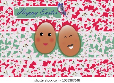 Easter eggs with lily and butterfly on pink background.