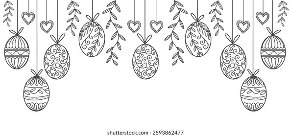 Easter eggs line art style border, divider, frame for easter background, banner, flyer, card design