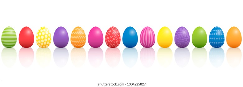 Easter eggs. Lined up colorful mixture with different patterns. Three-dimensional isolated vector illustration on white background.
