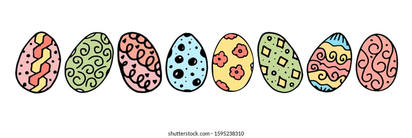 Easter eggs. Lined up with different colors and patterns. Black stroke. Rainbow colored isolated vector illustration on white background.
