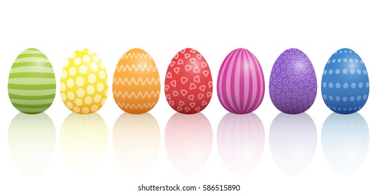 Easter eggs lined up with different colors and patterns. Isolated vector illustration on white background.