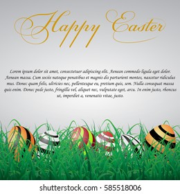 Easter eggs with lines in grass on a white shining background. With text
