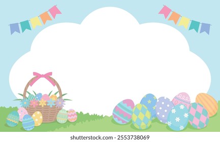 Easter eggs lying in the grass and in a basket