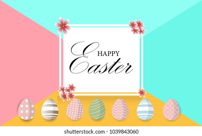 Easter eggs in many colors. The flower is a scene. Colorful background There is a space for text. Suitable to be used for invitation cards. Labels, posters and print media.