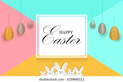 Easter eggs in many colors. The rabbit is a scene. Colorful background There is a space for text. Suitable to be used for invitation cards. Labels, posters and print media.