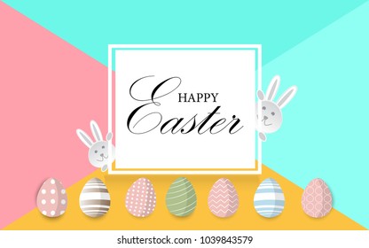 Easter eggs in many colors. The rabbit is a scene. Colorful background There is a space for text. Suitable to be used for invitation cards. Labels, posters and print media.