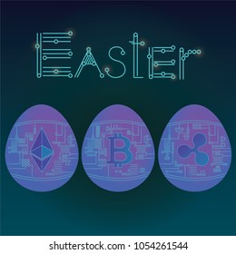 Easter eggs, marked with electronic money symbols, are lined up in a virtual space