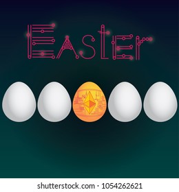 Easter eggs, marked with electronic money symbols, are lined up in a virtual space