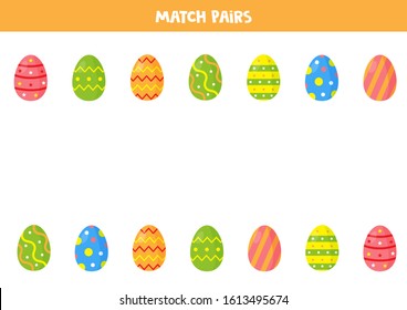 Easter eggs matching game for preschool children. Find pairs. Educational worksheet for kids.