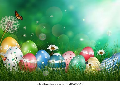 Easter eggs in meadow with sun rays on green background.Vector