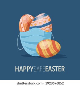Easter eggs with medical mask on dark blue background. Happy safe easter concept. Vector illustration. 
