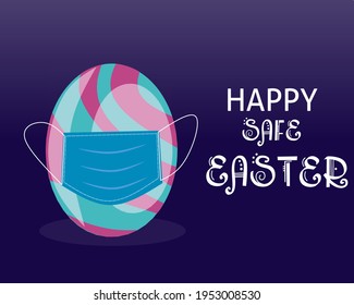 Easter eggs with medical mask on dark blue background. Happy safe easter concept. Vector illustration.