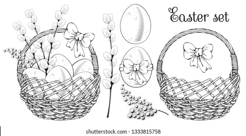 Easter eggs, mimosa flowers and willow branches in the basket which decorated with bow. Easter hand drawn design set. Vintage vector illustration.