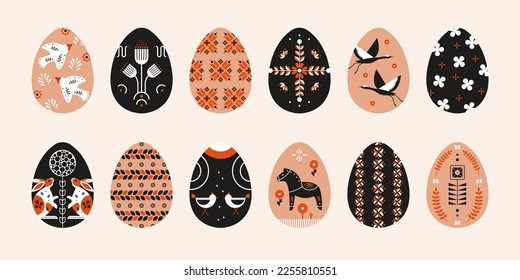 Easter eggs. Modern egg decoration with Ukrainian pattern design, flower bird horse bunny elements. Vector cartoon set