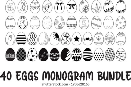 Easter Eggs Monogram Bundle for Scrapbooking DIY project including rabbit bunny heart star ribbon floral and geometric pattern