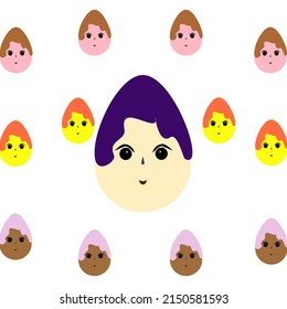 Easter eggs, multicolored, with faces, hairstyles on a white background.