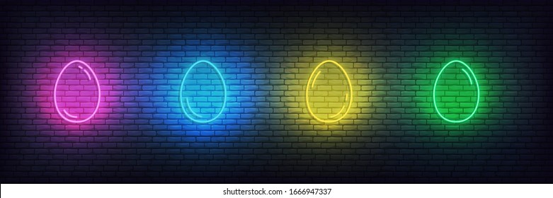 Easter eggs neon colorful set. Purple, blue, yellow, green glowing linear eggs icons