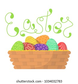Easter eggs in nest basket with lettering easter