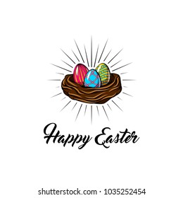 Easter eggs in nest basket with lettering Happy Easter im beams. Colorful vector illustration isolated on white background.