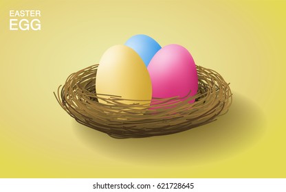 Easter eggs in the nest basket, Paint with yellow pink and blue color, Realistic style vector illustration.