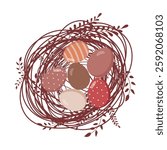 Easter eggs in nest. Easter eggs with beautiful drawings. Happy Easter.Hand-drawn. Vector illustration.
